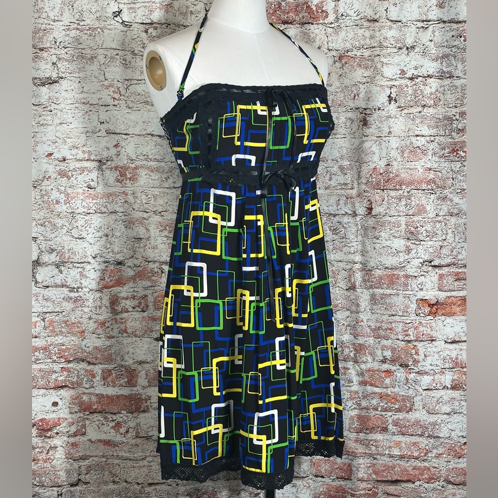 Y2K Betsey Johnson Black Strapless Dress With Bright Geometric Pattern Size 10